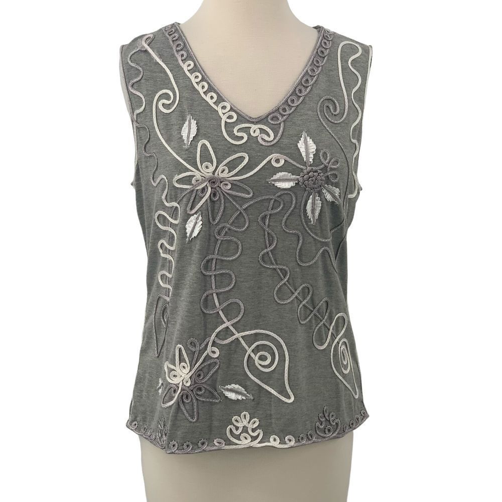 Lauren Michelle Womens Sleeveless Embroidered V-Neck‎ Top Gray Applique Floral L